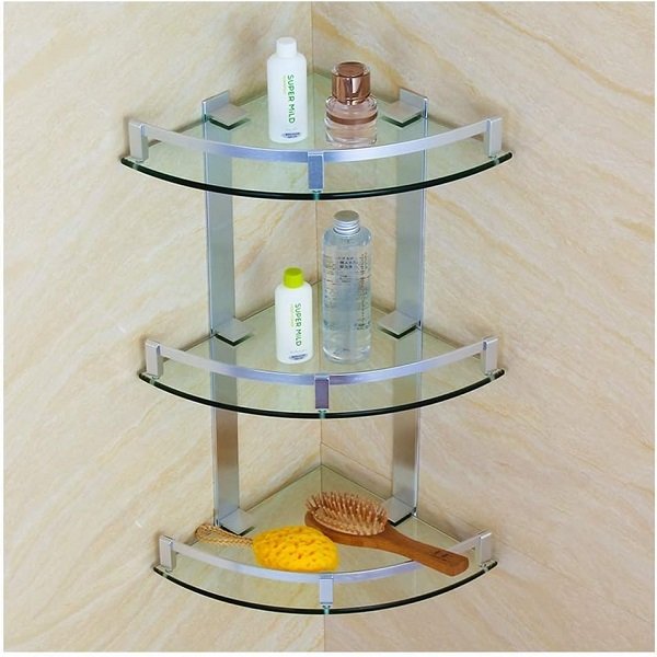 3 Layer Bathroom Aluminum Corner Shower Shelves Tempered Glass
